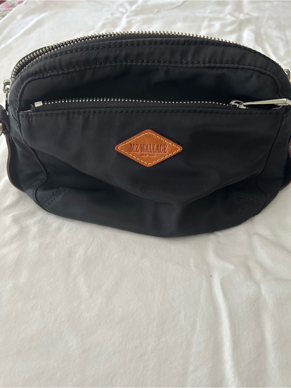 MZ Wallace Black Nylon Belt Bag with Brown Leather Patch